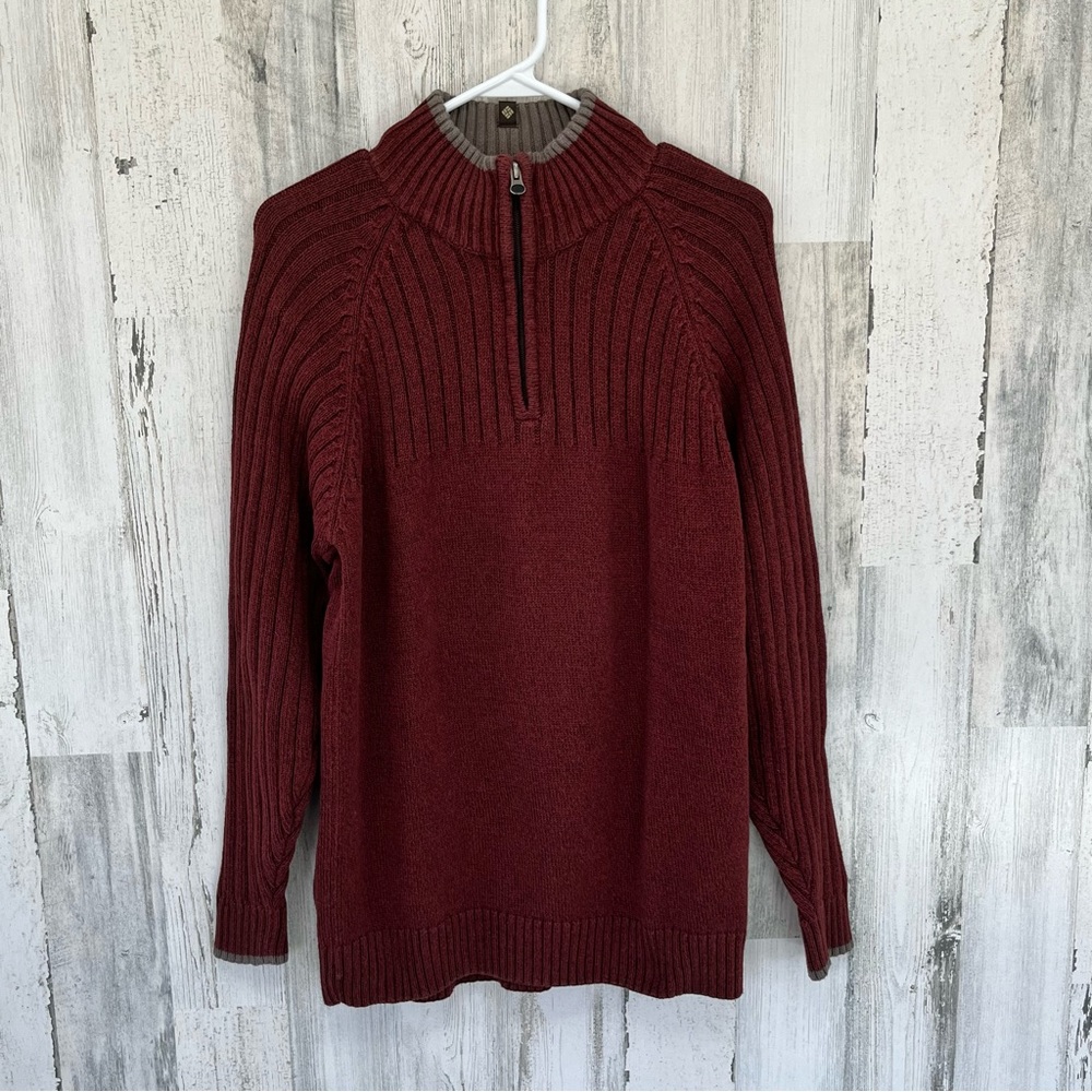 Columbia Men’s 1/4 Zip Pullover Sweater 100% Cotton In Burgundy/Gray Trim
